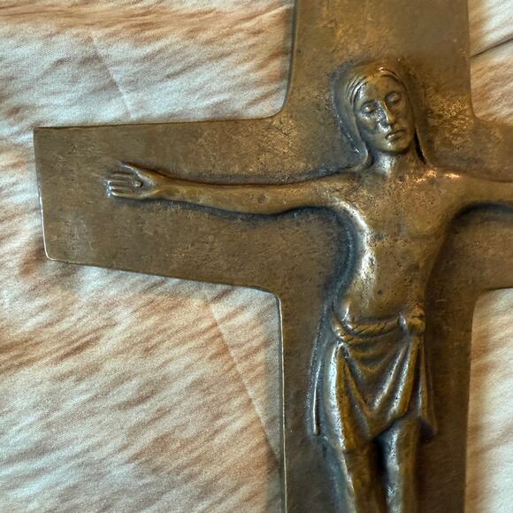 Antique French Art Deco Bronze Crucifix  Design Solid Bronze Wall Decor - Picture 4 of 6